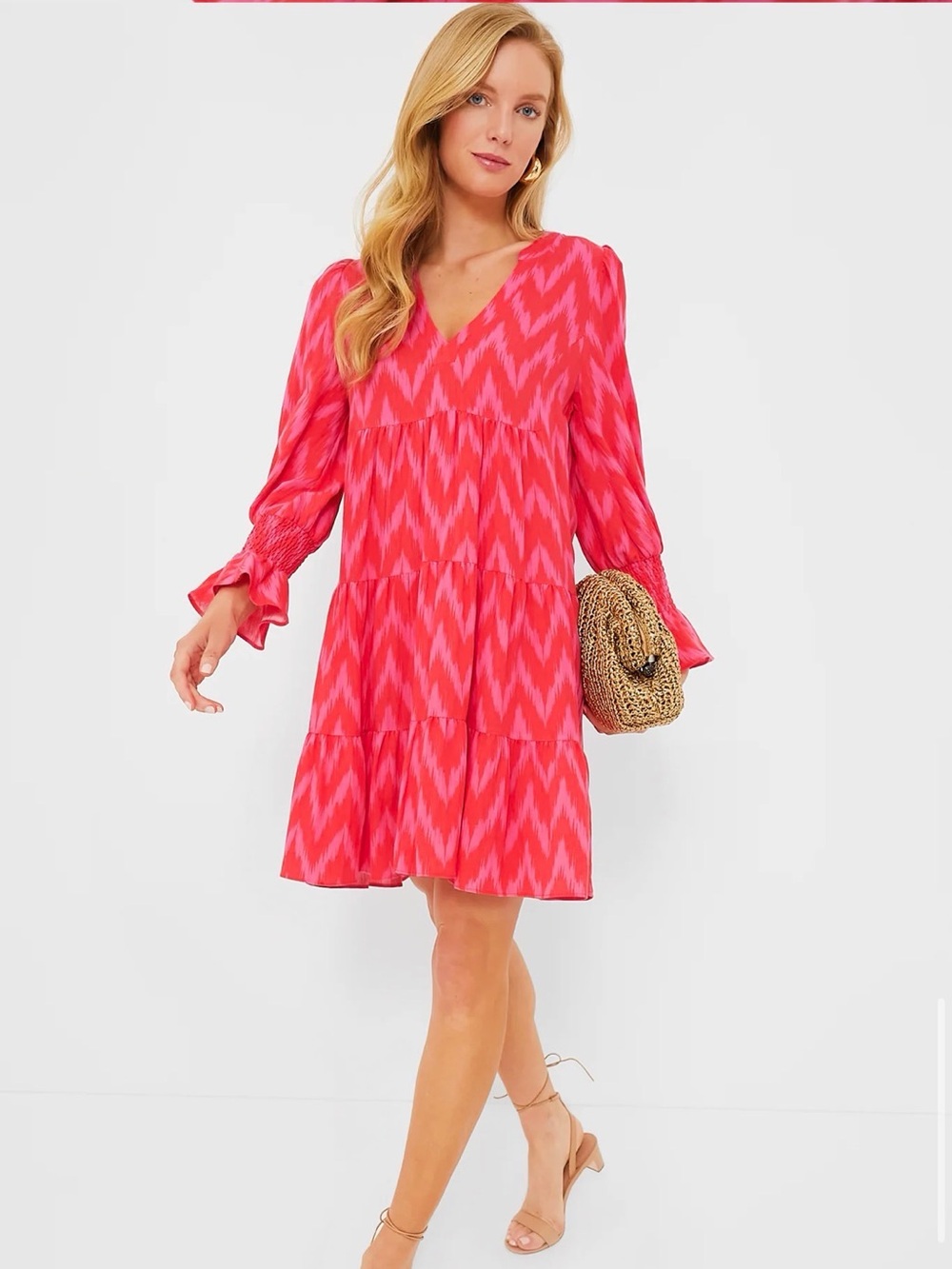 Pomander Place V-Neck Chevron Tiered Dress in Hot Pink (Tuckernuck)